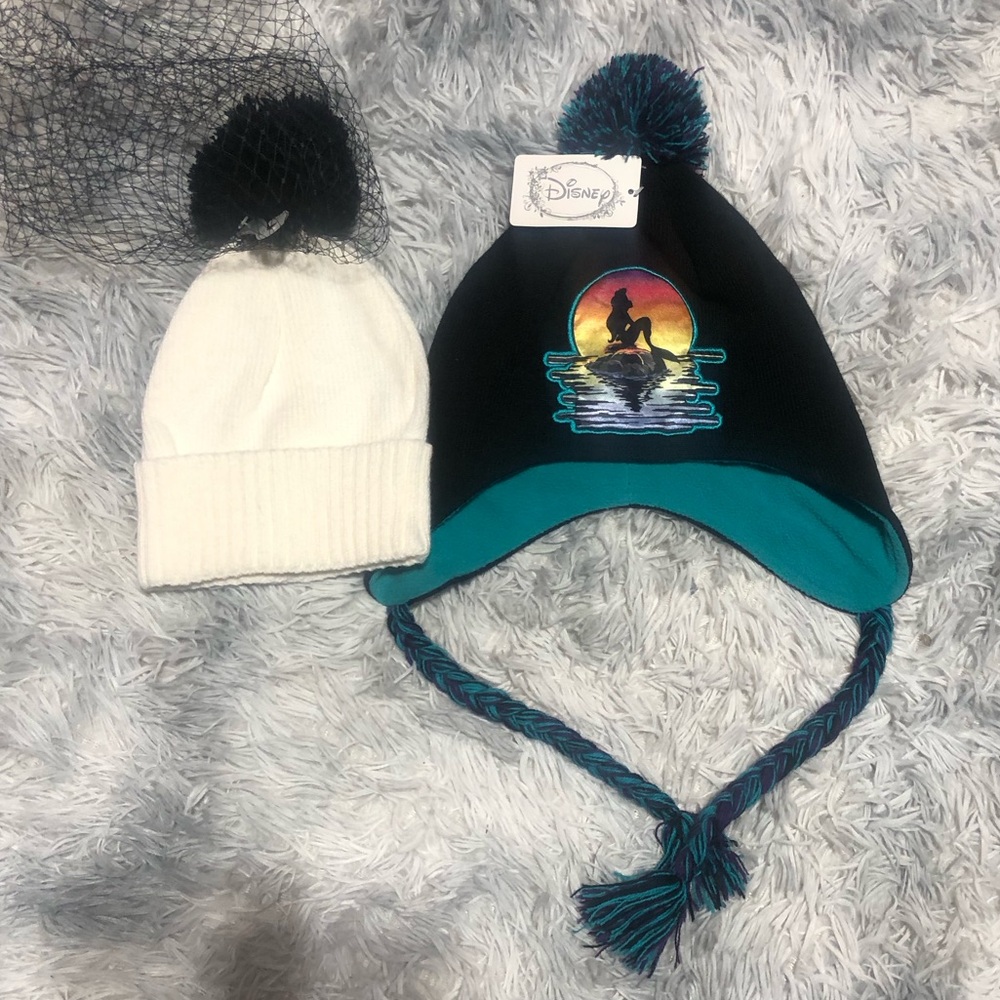 Disney Little Mermaid Girls Pom Pom Beanie Hat Tassels & White Hat Bundle Set